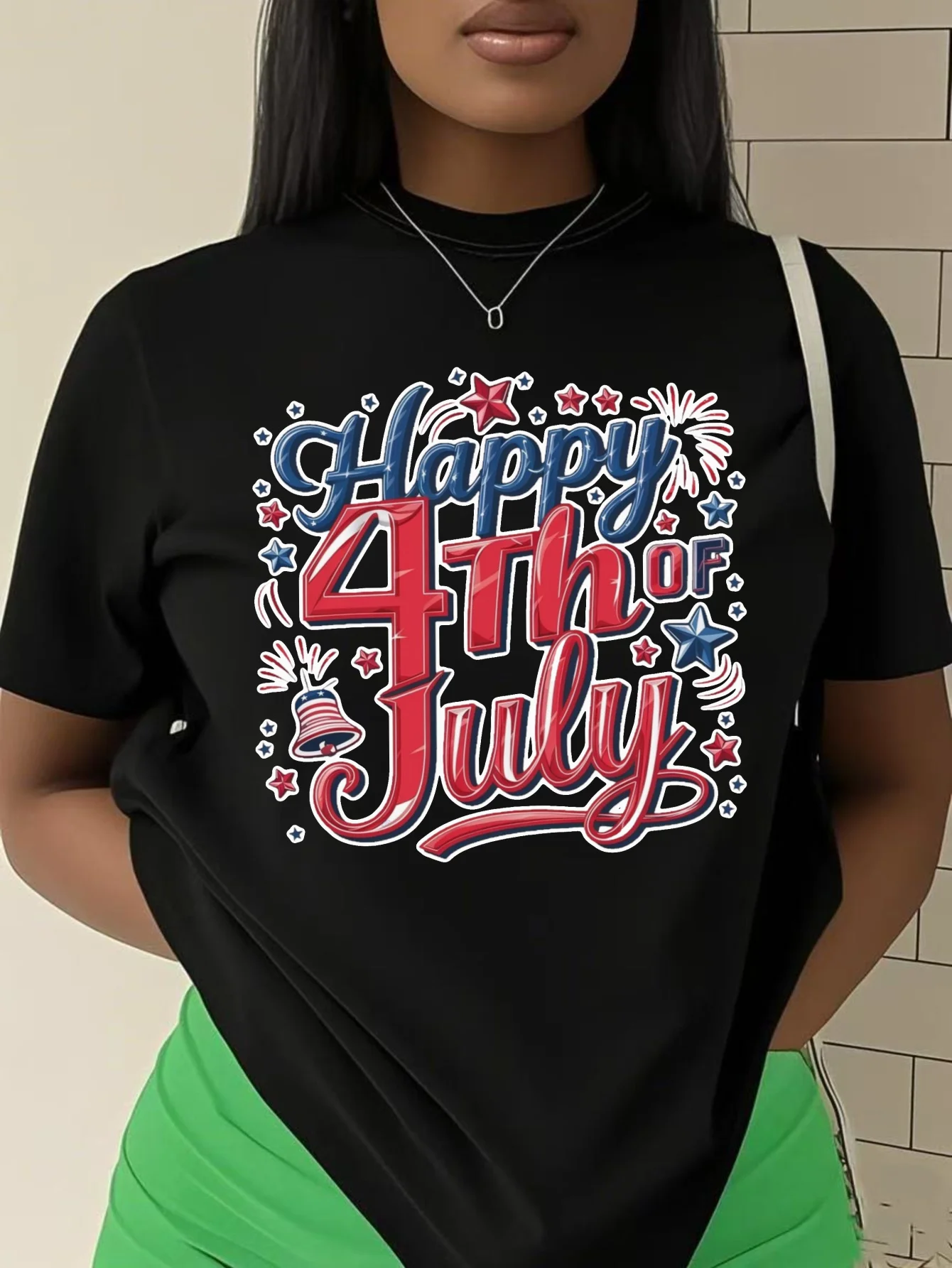 Happy 4th of July Damen-T-Shirt mit Grafikdruck in Übergröße, Rundhalsausschnitt, 100 % ultra atmungsaktiv, perfekt für die tägliche Freizeit