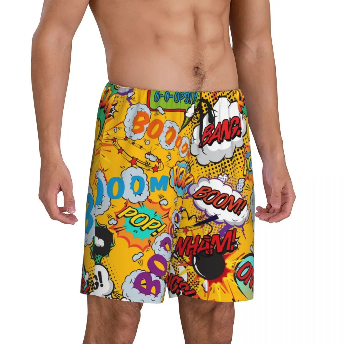 Custom Superhero Comic Book Pop Art Shout Outs Cartoon Pajama Bottoms for Men Sleep Shorts Drawstring Sleepwear Pjs with Pockets