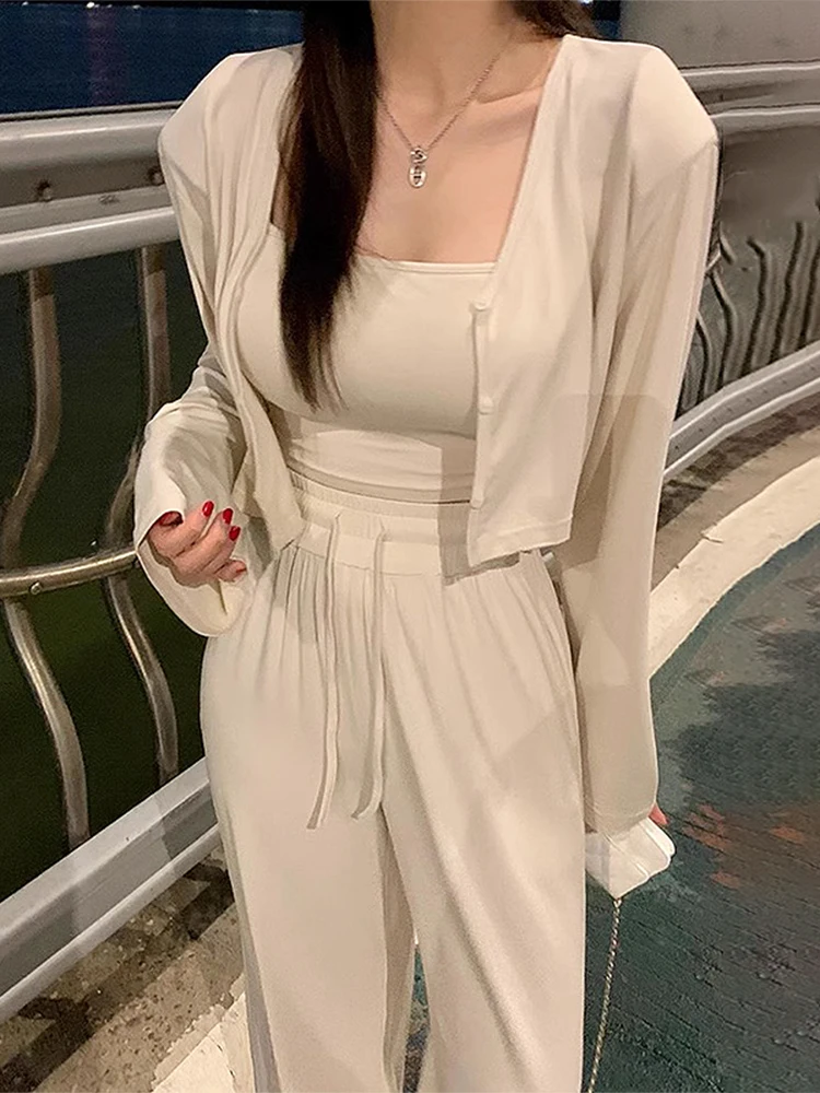 

Chic Summer Casual Style Short Sleeve Long Cardigan Women's Set with Strap Vest And Loose Pants Fashionable Cotton Blend