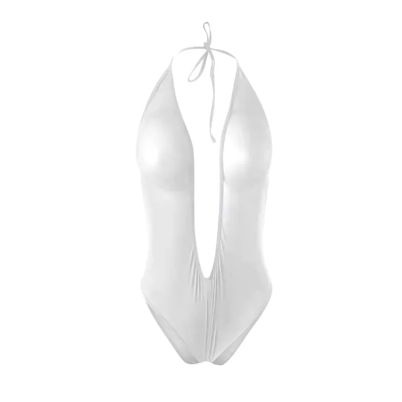 Sexy Durchsichtiger Mesh-Bikini-Bodysuit Damen-Lingerie Tiefer V-Ausschnitt Neckholder Rückenfreier Schnür-Badeanzug Pool-Party Einfacher Mikro-Bikini – Detail 6