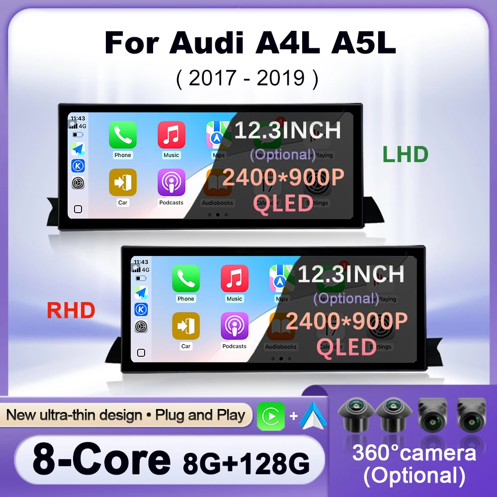 12.3Inch Android16 QLED Screen For Audi A4L A5L 2017-2019 Car Radio Multimedia Video Player DSP Stereo CarPlay GPS Navigation BT