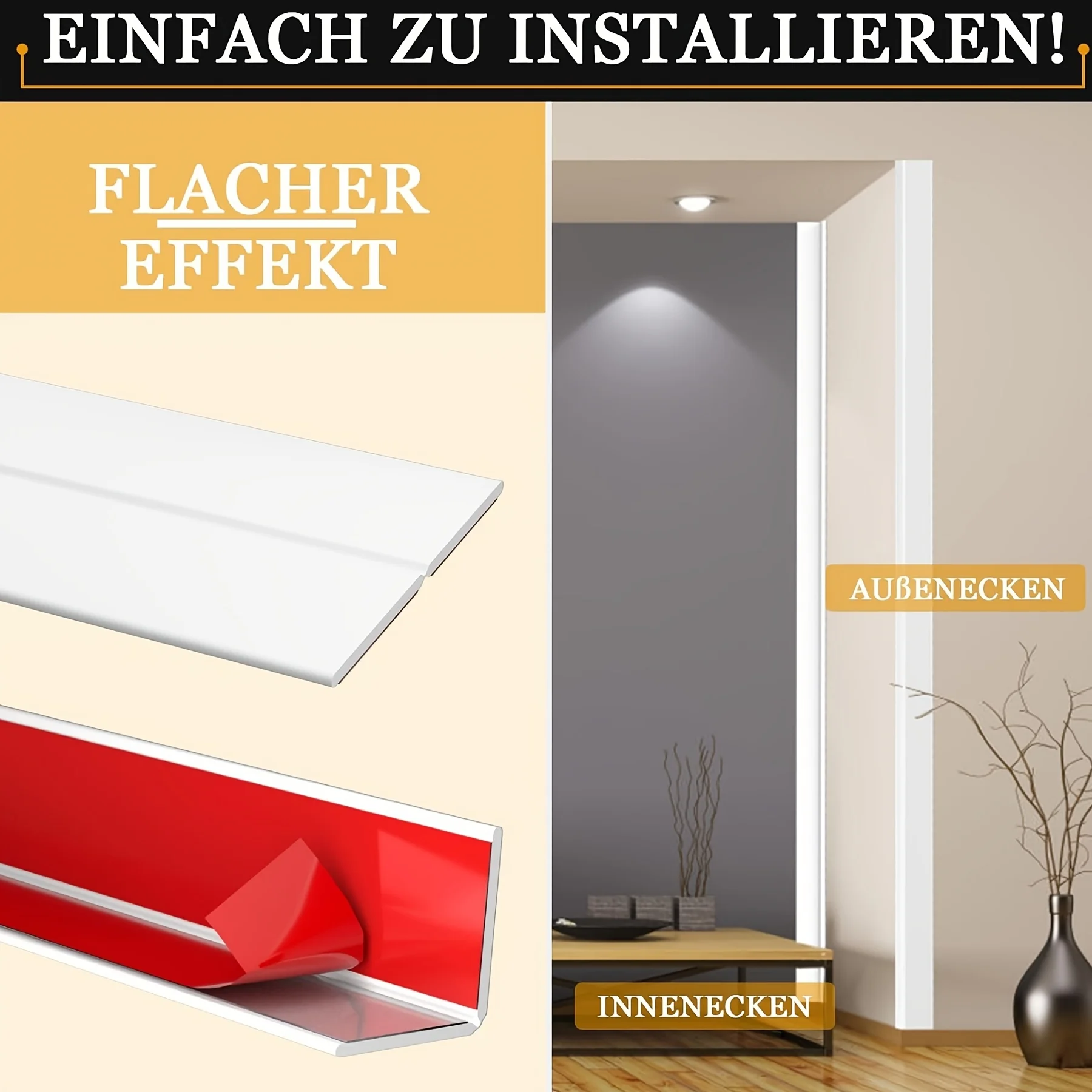 196.85 inches long, made of PVC material, self-adhesive internal and external corner strips, suitable for indoor use