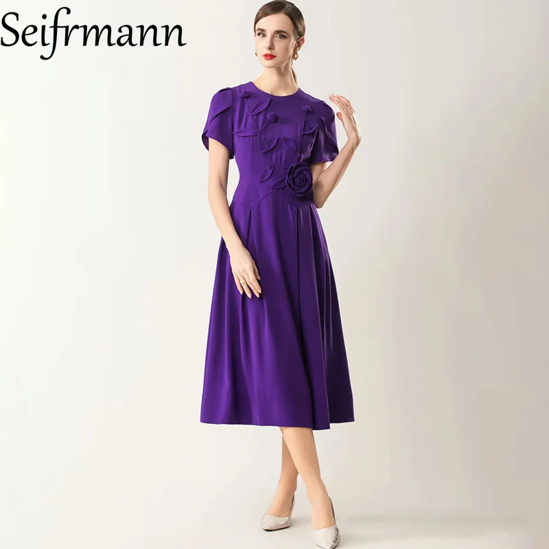 Seifrmann 2026 봄 여성의 새로운 유행 라운드 넥 짧은 소매 입체 꽃 허리 조임 드레스