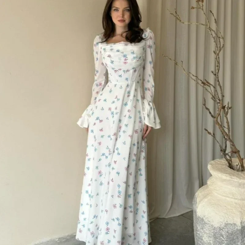 2024 Summer New Design Slim Fit Square Neck Flare Sleeve Sleeve Long Skirt Elegant Floral Temperament Party Dresses for Women