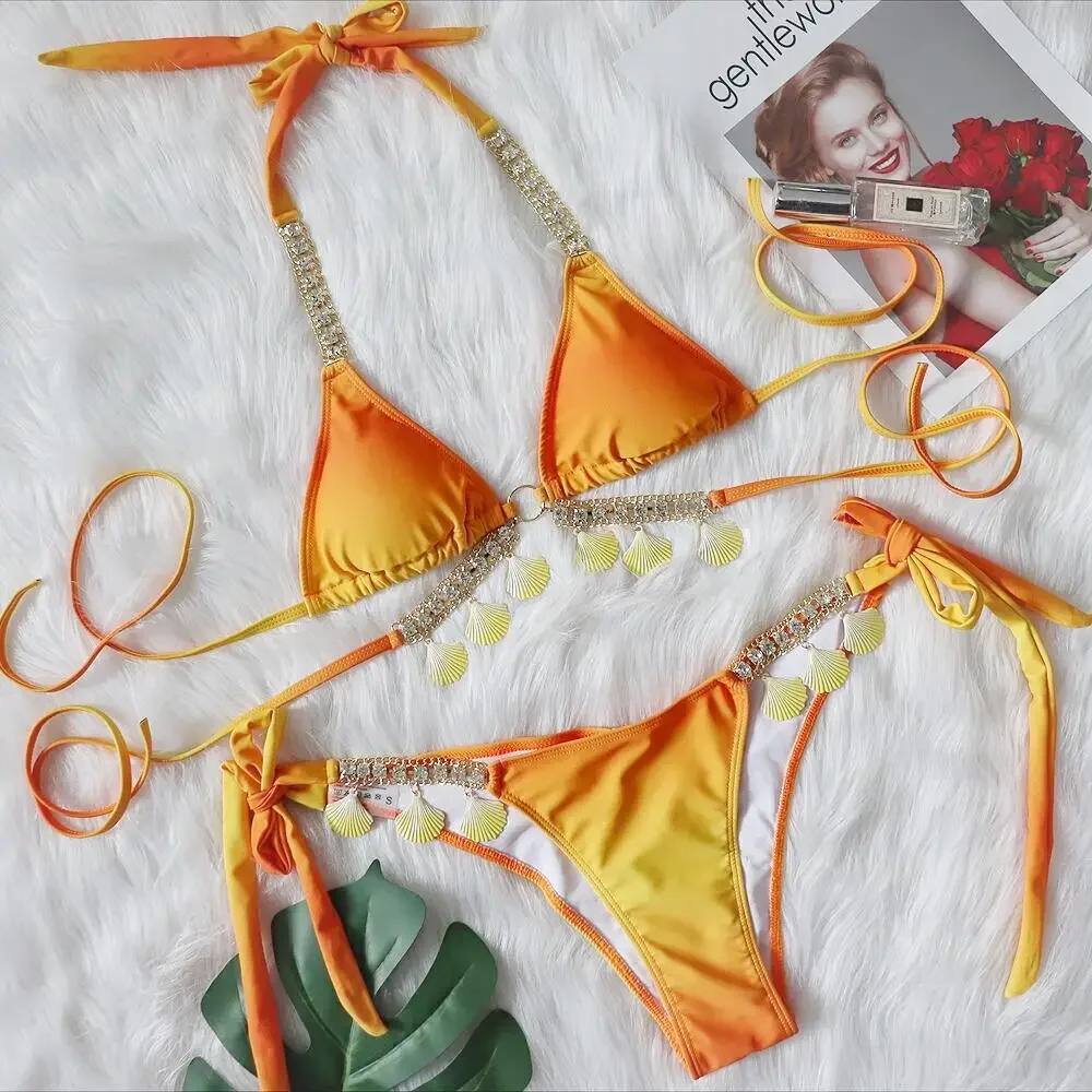 

Shell Chain Rhinestone Swimwear Bandage Halter Triangle Bikini Sets Micro Thong Sexy Swimsuit Women Orange Bathing Suit Bikini