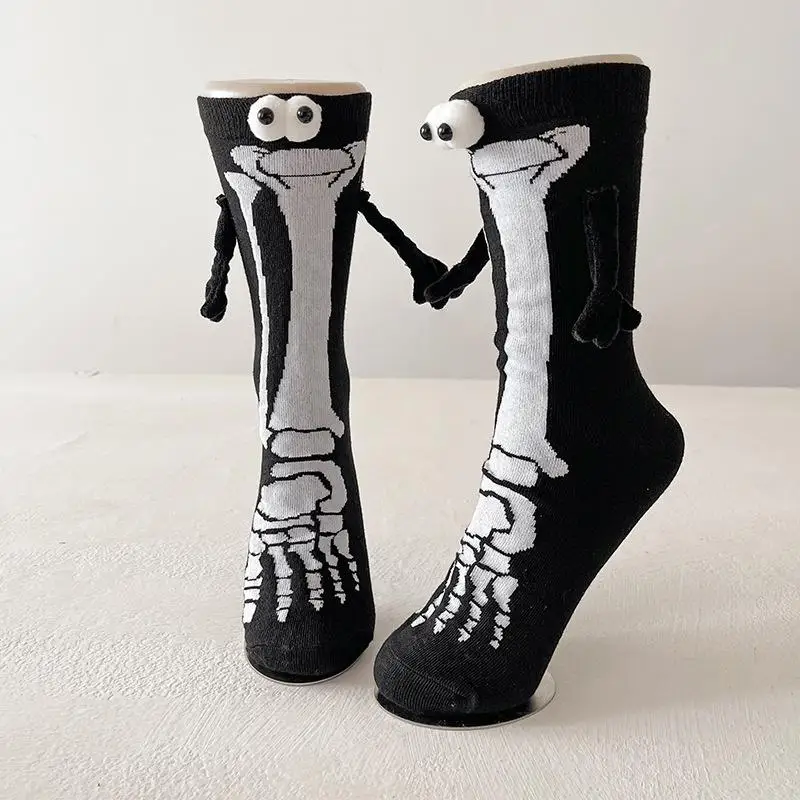 Halloween Magnetic Hand Holding Socks Skeleton Mid-Calf Cotton Couple Spooky for Women Men Festival Gift Accessories