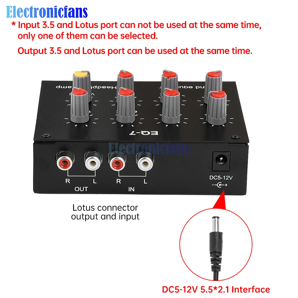 DC512V EQ-7 7 Stage Balanced Audio Amplifier High Medium Low Frequency Adjustable Preamplifier Audio For Phones Computer Earbuds