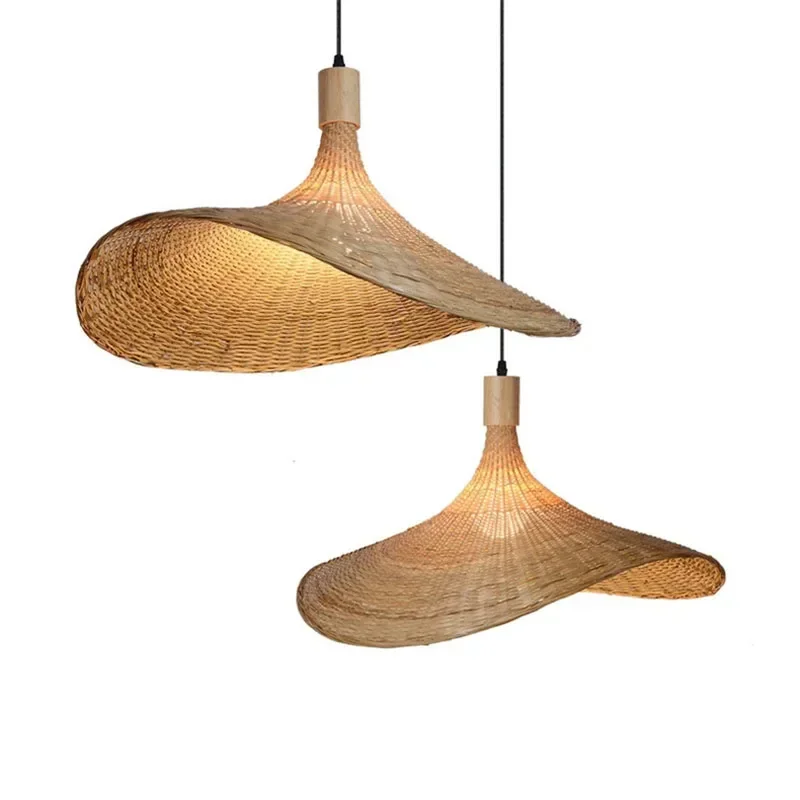 Moderne Chinese stijl bamboe kroonluchter theesalon rotan handgeweven lampen creatieve strohoed kroonluchter geweven bamboe lamp