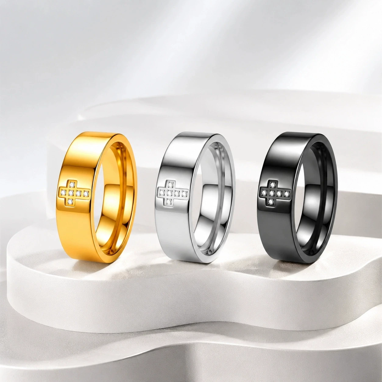 Cross Stainless Steel Rings For Women Men Black Gold Silver Color Female Male White Rhinestone Couple Wedding Bands Jewelry Gift