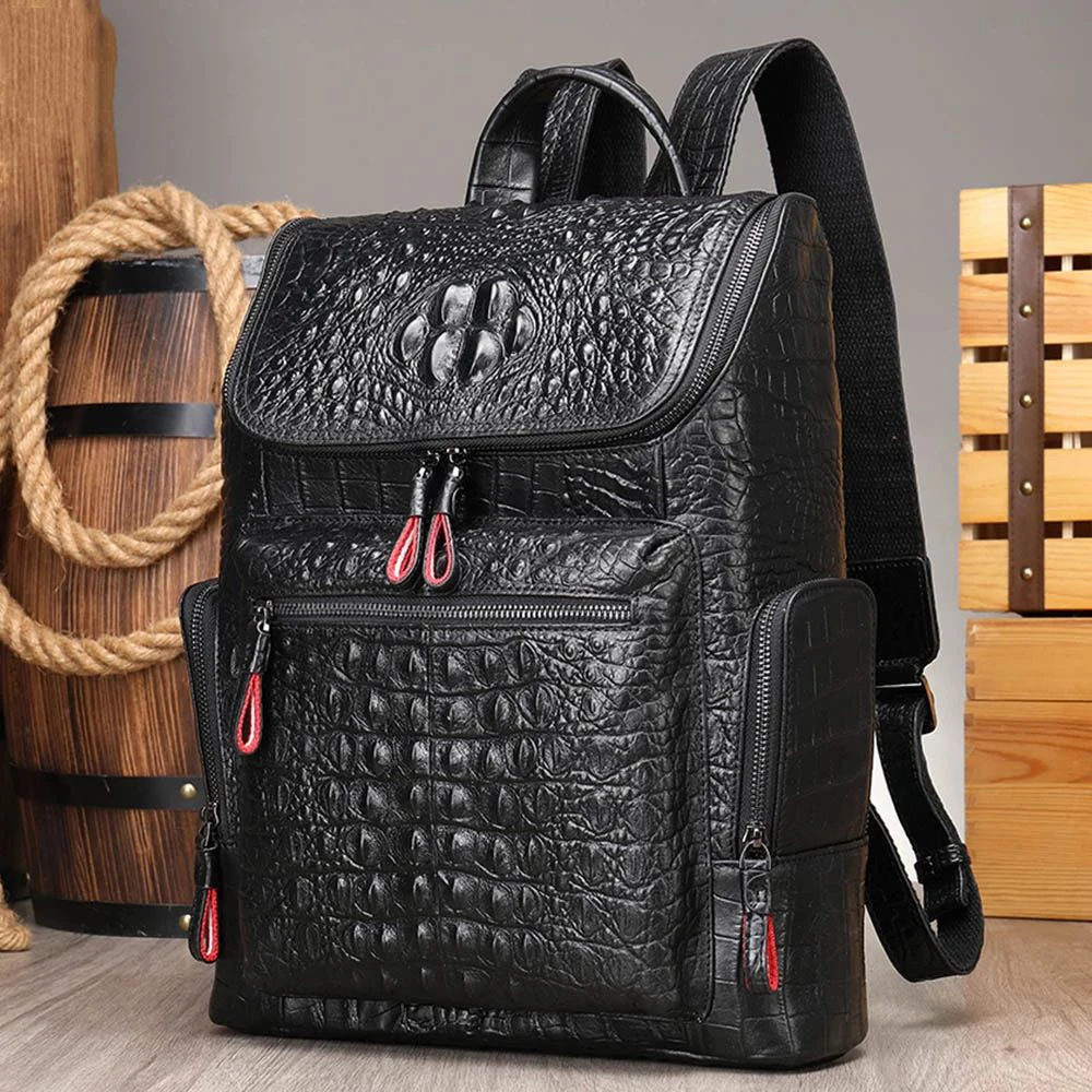 Fashion Alligator Pattern Genuine Leather Backpack for Men Business Laptop Rucksack School Bag Computer Backpack Bag 14