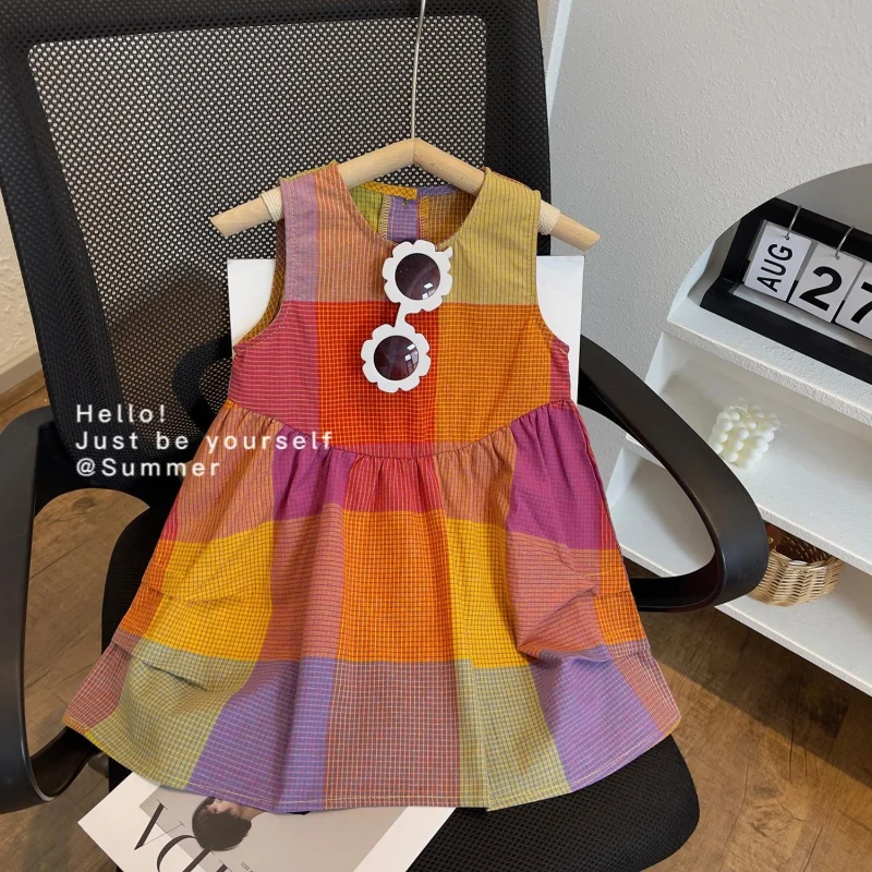 2024Summer New Children's Sleeveless Korean Plaid Vest Dress Girls' Casual Children Shirt Trendy One Piece Dropshipping-WSNY