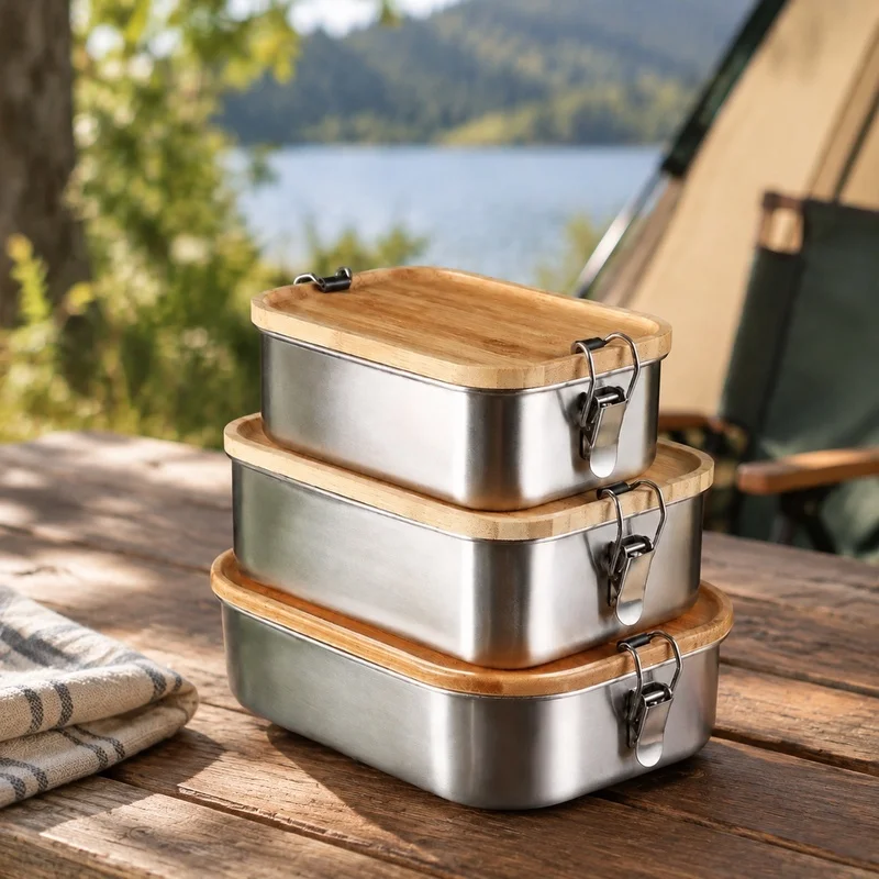Japanese Style Bento Box with Bamboo Cover, 304 Stainless Steel Durable Food Storage Container for Meals