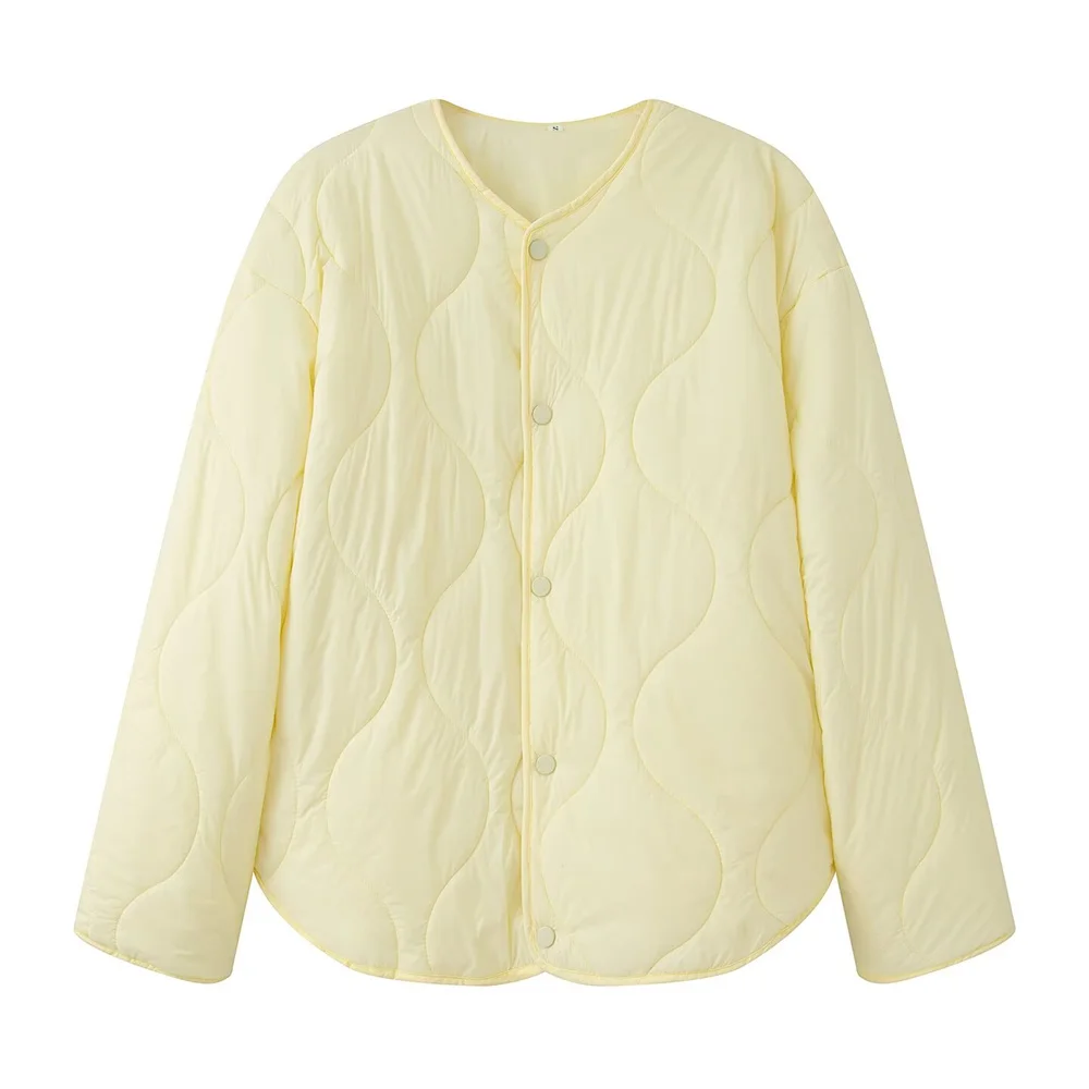 مجموعة الخريف النسائية الجديدة بسيطة وغير رسمية متعددة الاستخدامات ورقبة دائرية وشبكة الماس معطف من القطن معطف سميك