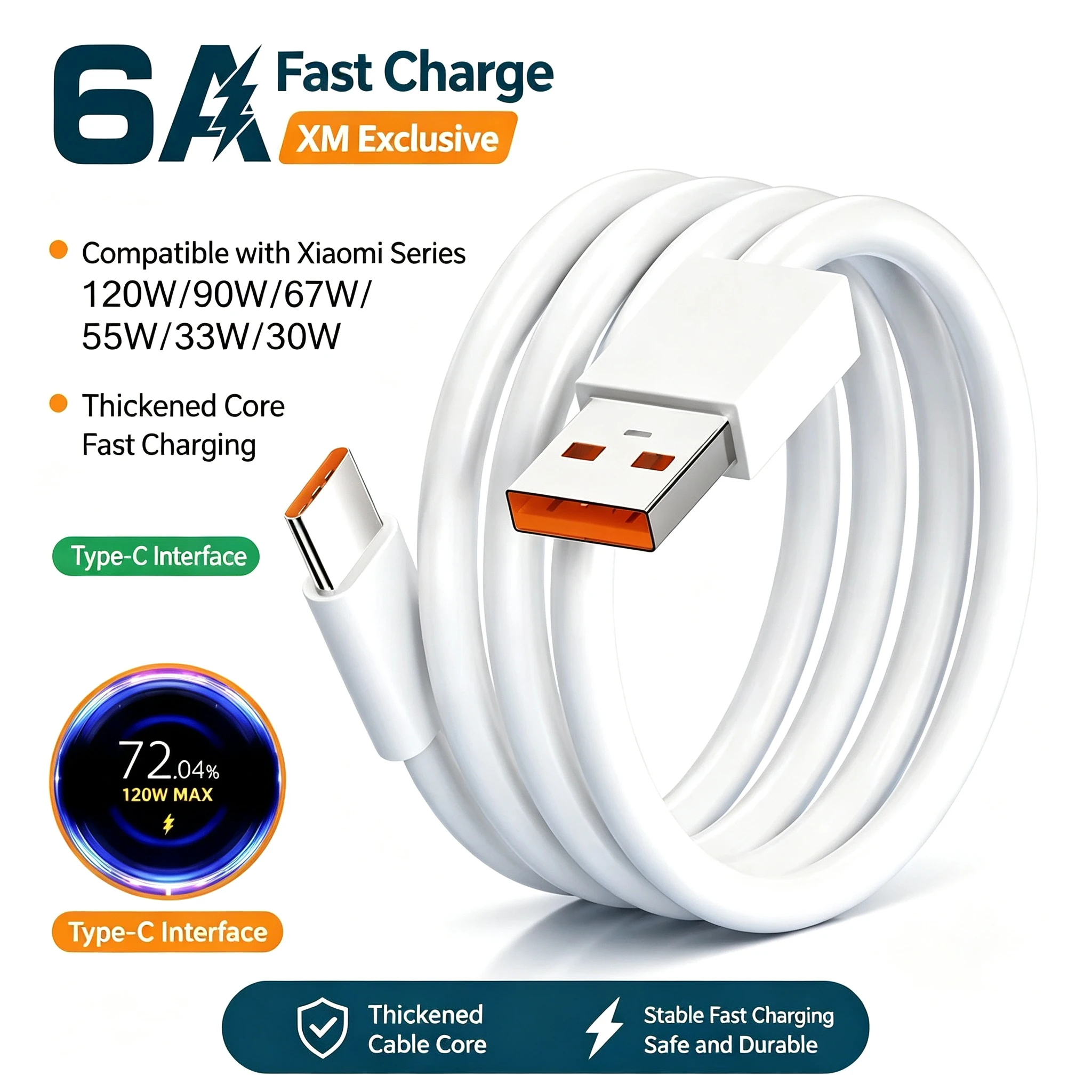 Cabo Carregador Rápido Tipo C 6A 120W para Xiaomi Redmi Note Series Poco K80 Mi 17 15 14 13 Turbo Charge 67W USB C