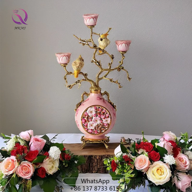 Light Luxury Pink Ceramic Candle Holder Creative Pair Of Birds Home Decor Ornament 3 Head Golden Branched Brass Candle Holder