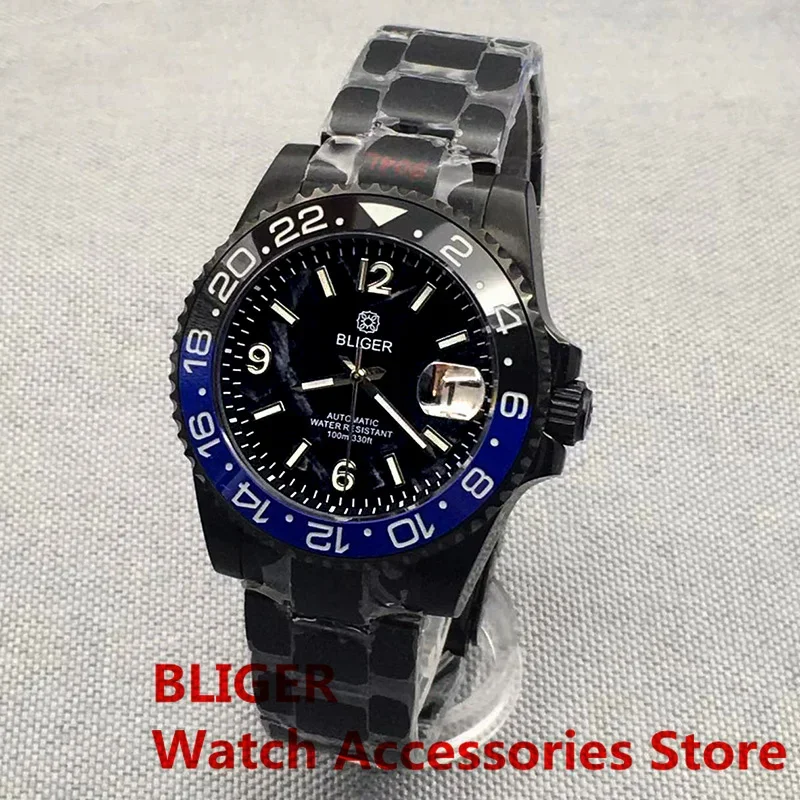 BLIGER New 40mm NH35 Automatic Mechanical Watch For Men Full Black Luminous Ceramic Bezel Sapphire Glass Reloj Hombre