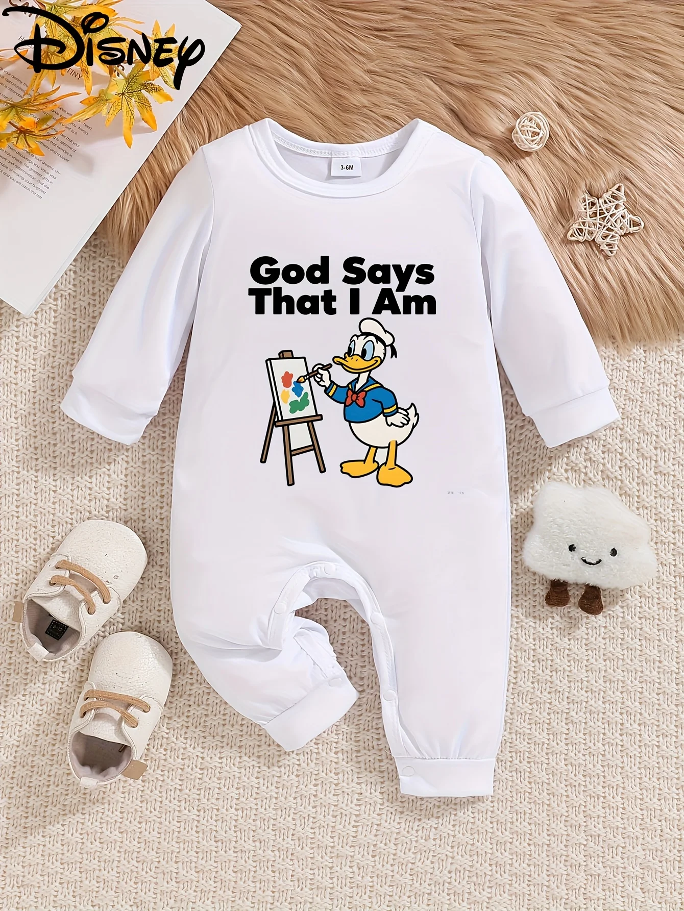 

【Authorized】Disney Donald Duck Baby Long-Sleeve Romper, Cute Pattern Print, Round Neck, Soft and Comfortable, Machine Washable, Suitable for All Seasons, Suitable for Outdoor Wear