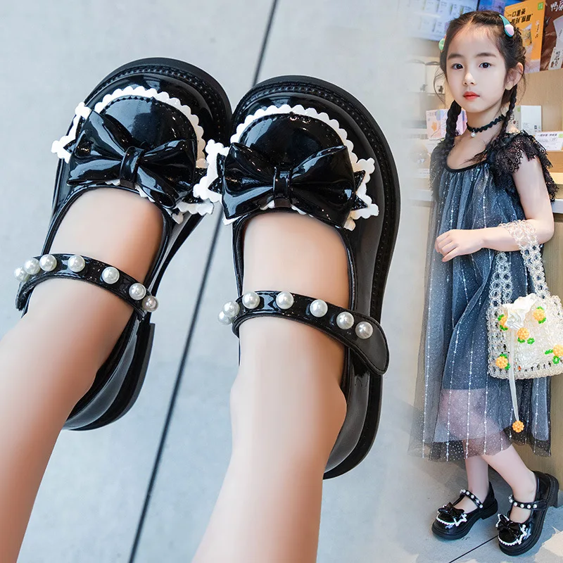 Pearl Girls Leather Shoes Spring Autumn Fashion Bow Tie Princess Shoes Flat Kids School Girls Dancing Dress Mary Jane Shoe 27-37