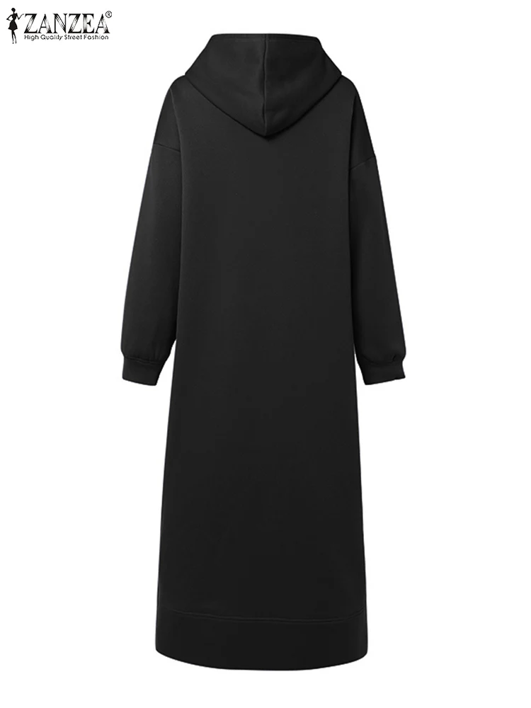 Women\'s Hooded Hoodies Autumn Winter Sweatshirt Dress 2024 ZANZEA Fashion Long Sleeve Solid Robe Casual Baggy Vestidos Kaftan