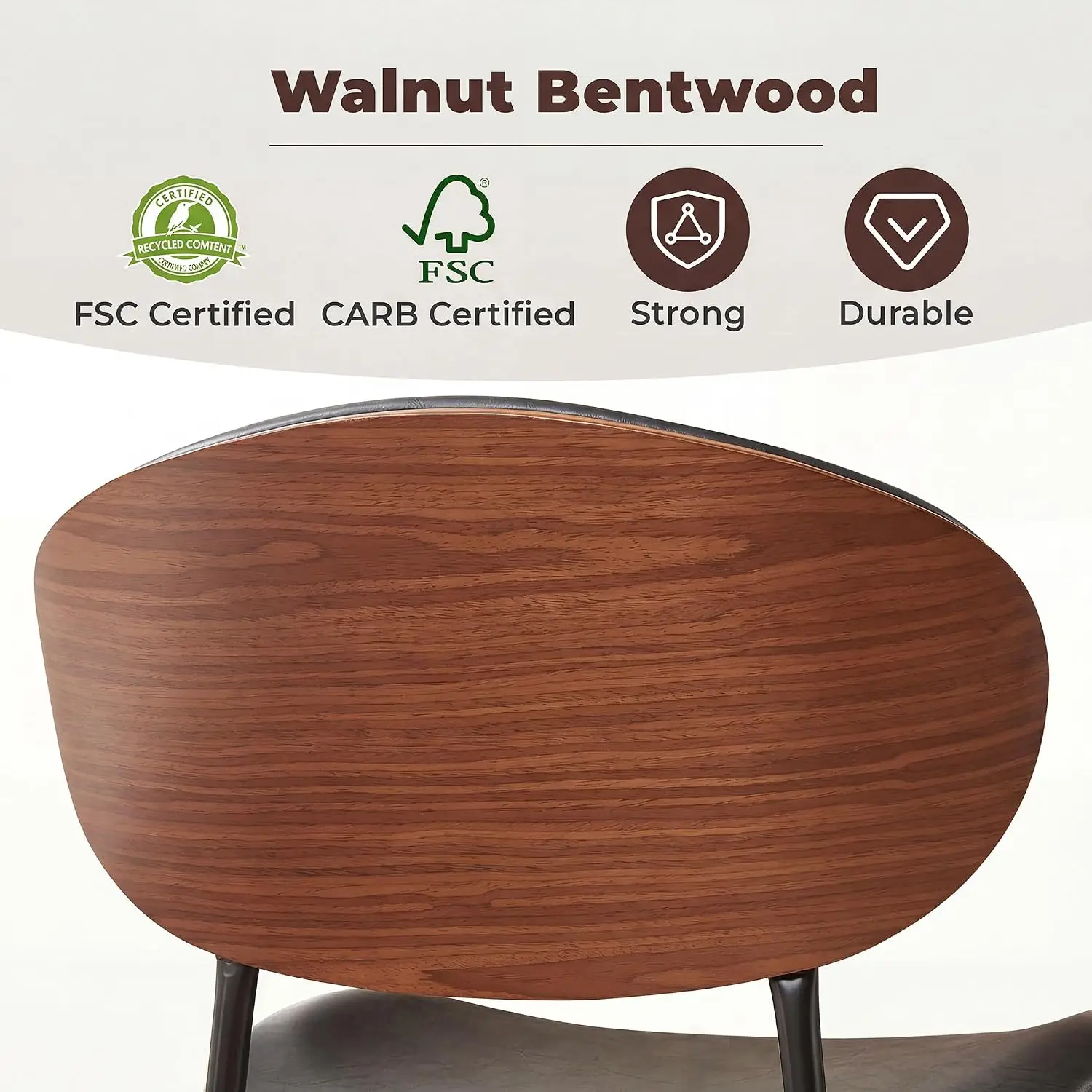 Mid-Century Modern Dining Chair Set of 6 PU Leather Walnut Grain Back Bentwood Adjustable Feet Pads Black Customized