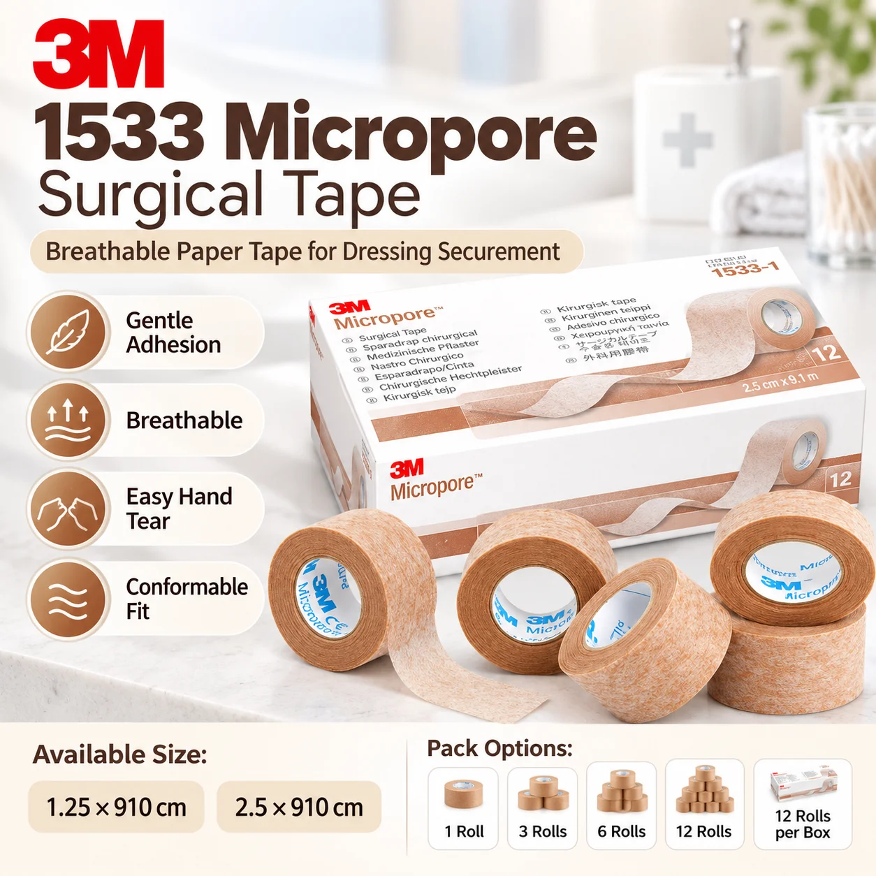 3M 1533 Micropore Surgical Tape Breathable Gentle Skin Paper Tape for Dressing Gauze Fixation 1.25/2.5cm X 9.1m