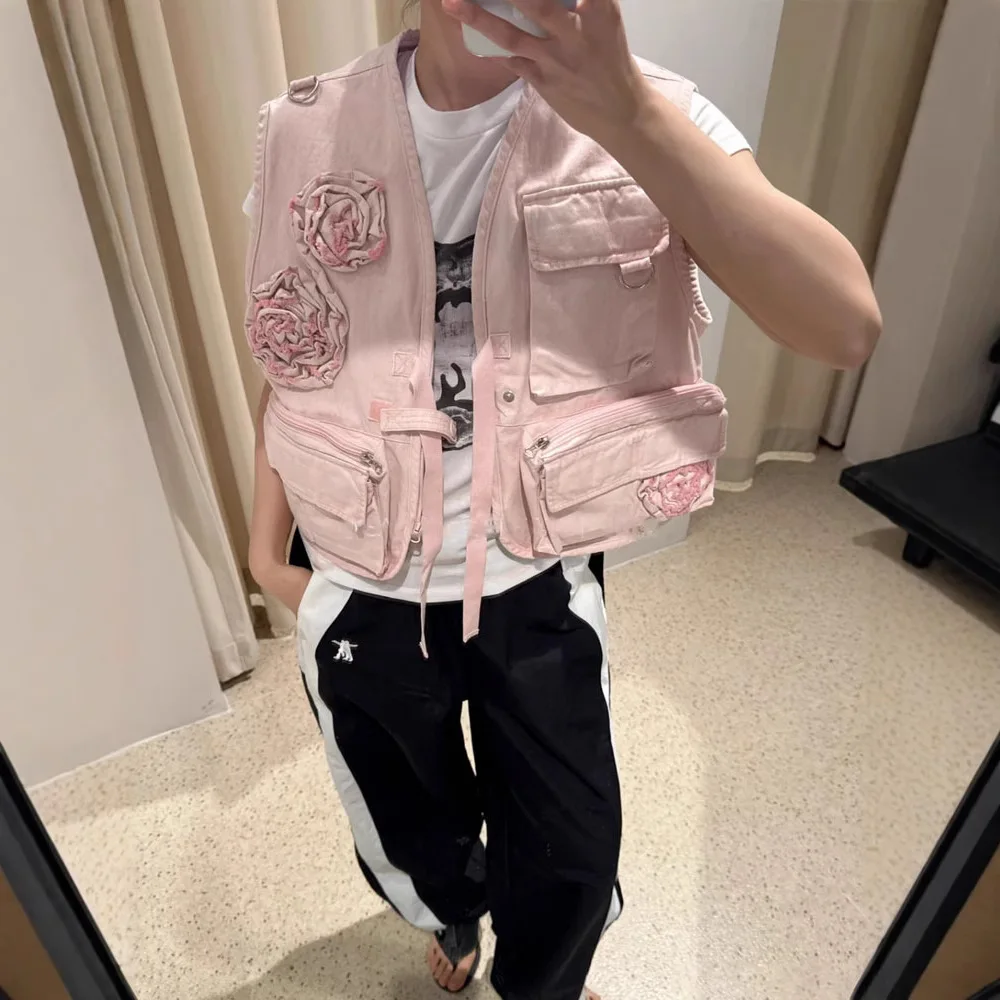 

Large pocket cardigan vestthree-dimensional rose jacket women's retro workwearmulti-pocket top