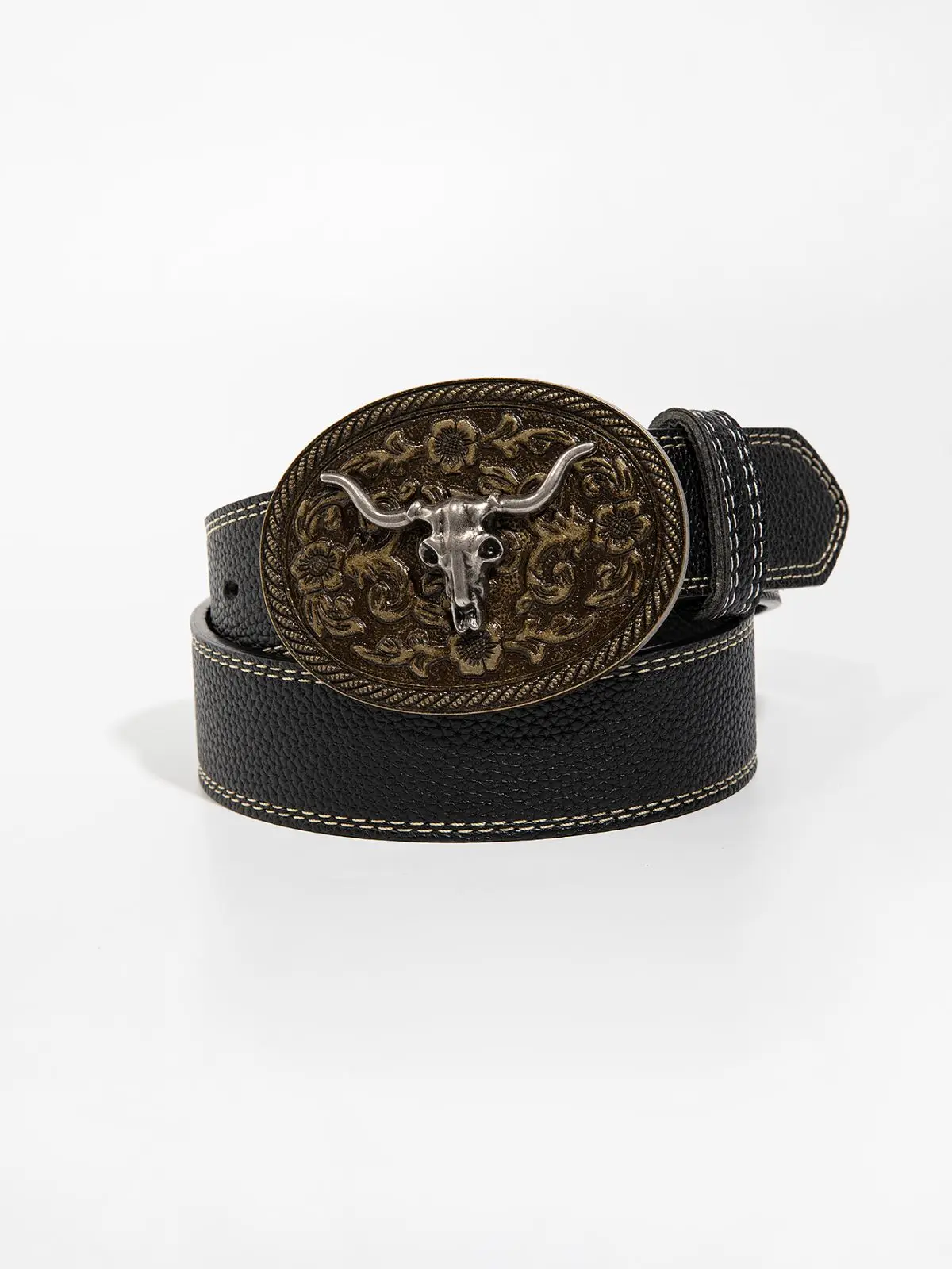 Men\'s Vintage Carved Bull Head Buckle Black Casual Jeans Belt Suitable For Daily Wear