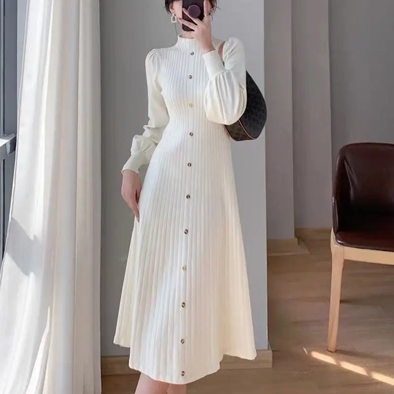 

Korean Half High Collar Knitted Midi Dress Women's Clothing A-Line Waist Spring Autumn New Long Sleeve Basic Solid Color Dresses