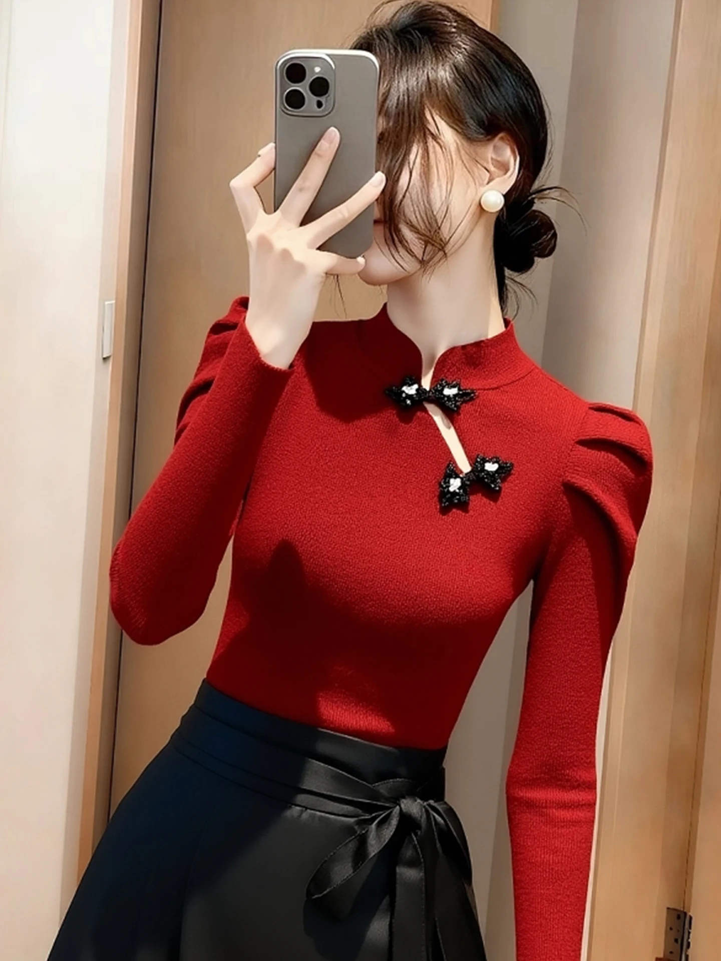 

Ele Red Long Sve Base irt Women's Faion Winter Knitwear New Year High-end European Brand Camere Commute Sle