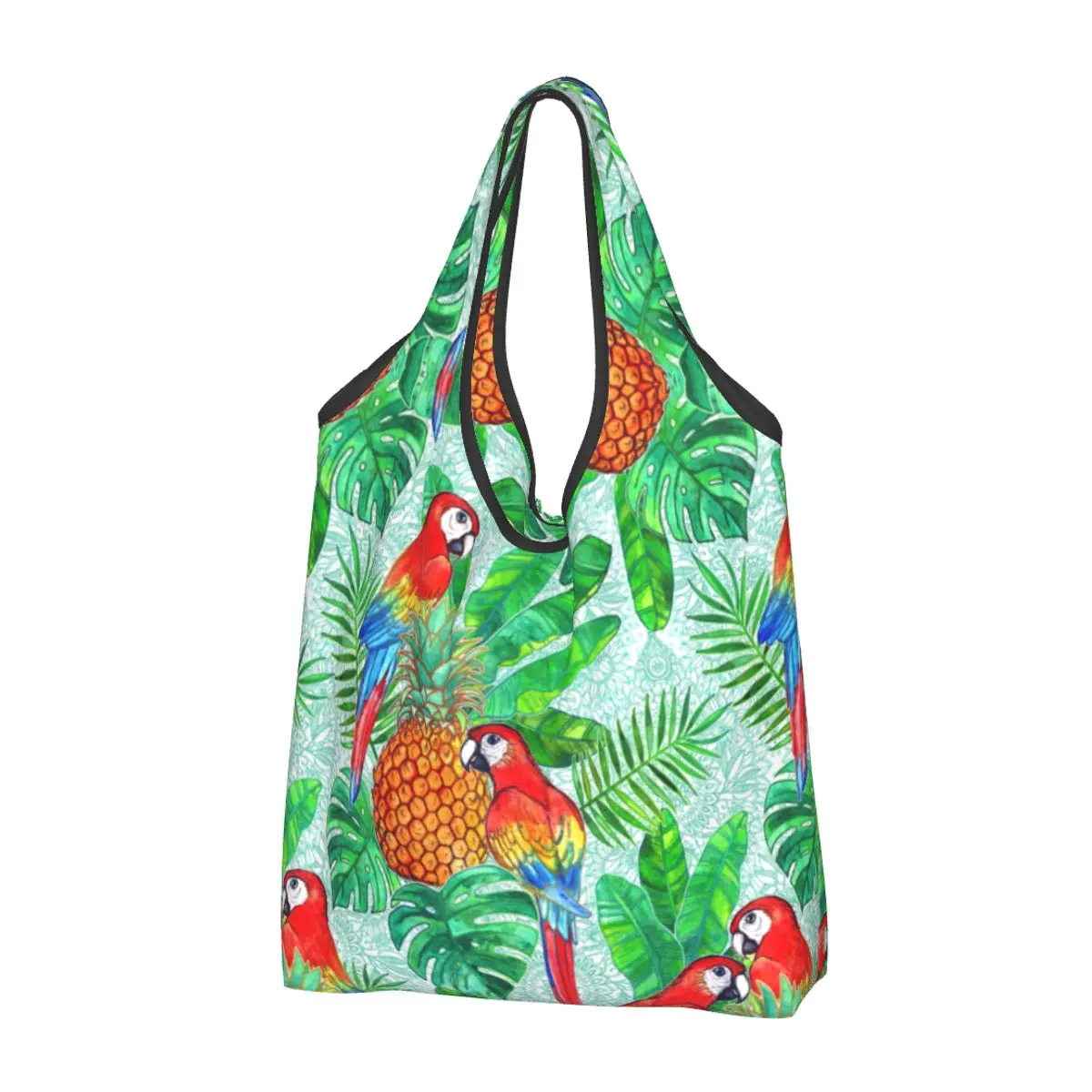 Custom Pineapples And Parrots Tropical Summer Pattern Shopping Bag Women Portable Big Capacity Groceries Birds Tote Shopper Bags