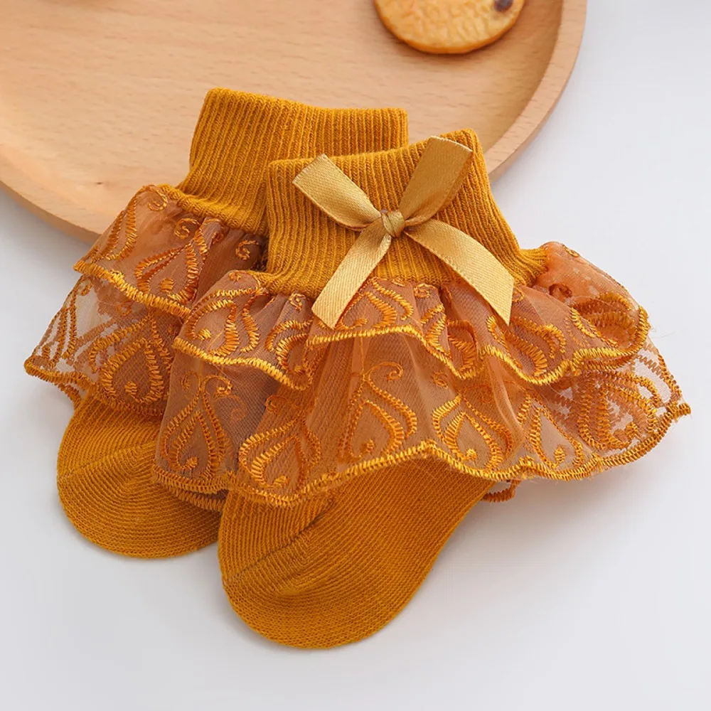 

Нежные двухслойные кружевные носки для маленьких девочек, тонкие эластичные носки принцессы с бантом, дышащие мягкие летние носки для младенцев