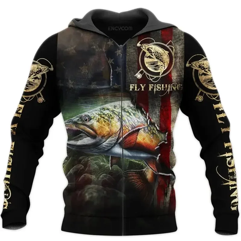 Otoño e Invierno nueva sudadera con capucha con cremallera para hombres con patrón de pesca de carpa 3D impreso moda al aire libre Sudadera con