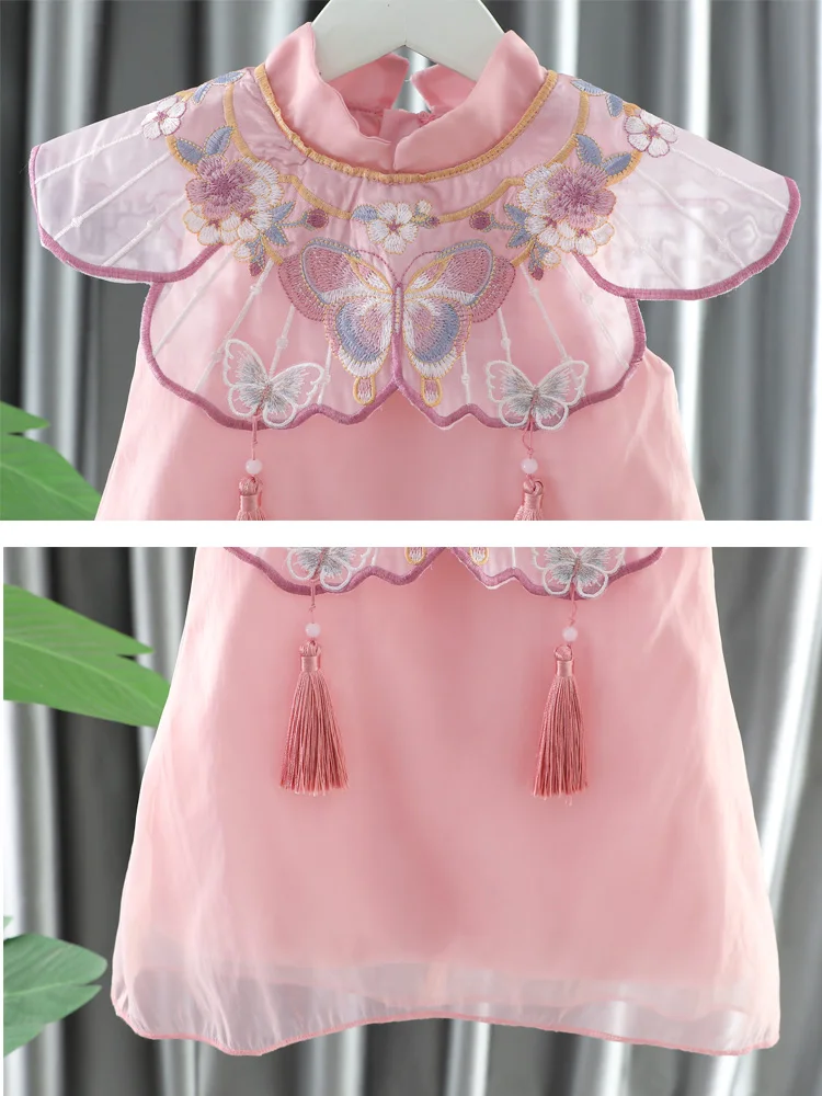 Baby girl clothing 2024 summer sweet round neck sleeveless embroidered dress bow pearl princess skirt 1-5Y