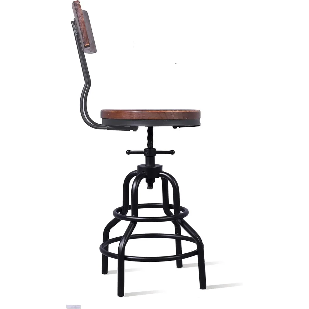 Taburete de bar giratorio ajustable de estilo vintage industrial con estructura de metal y respaldo de madera, juego de 2 sillas de altura para mostrador de cocina