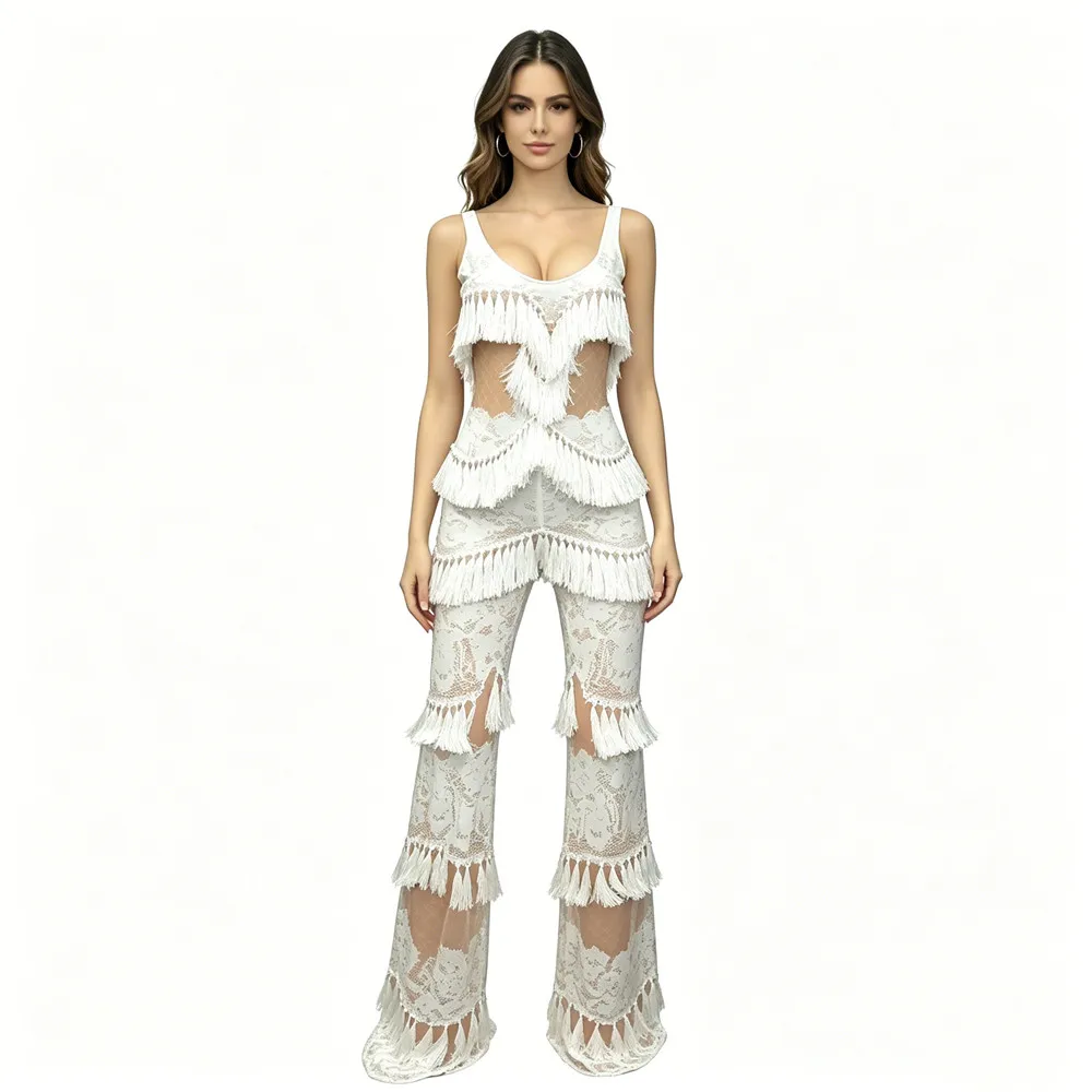 

Women Print Tassel Jumpsuit Elastic Sleeveless Prom Evening Party Rompers Singer Nightclub Bar Stage Performance Costume