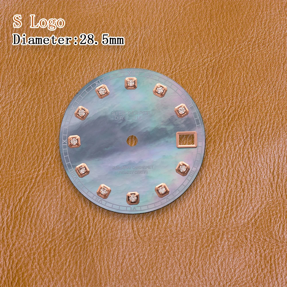 28.5mm S Logo NH35 Diamond dial Colour Mother pearl Dial Fit NH36 Movement Green Luminous Watch Modification Accessories view 5