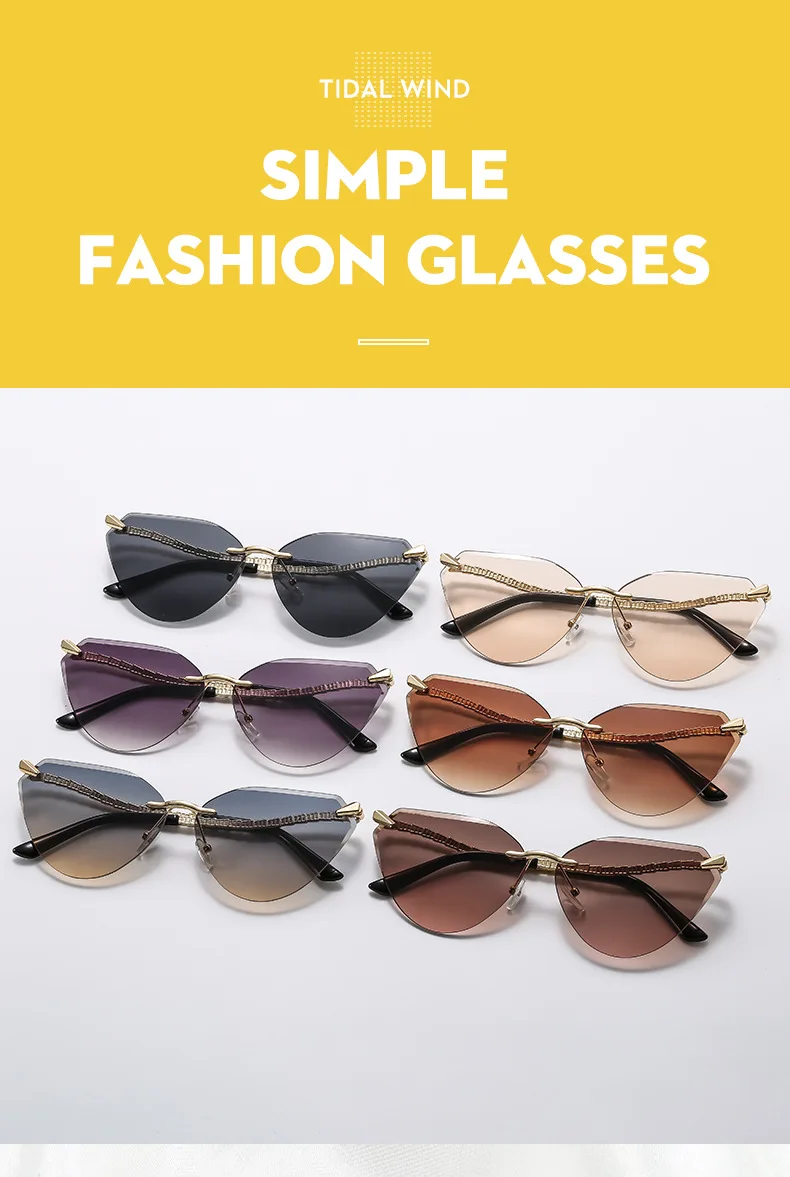 Katzenaugen Randlose Sonnenbrille Damen 2026 Luxusmarke Designer Trendige Metall Rahmenlose Sonnenbrillen für Damen Vintage Eyewear UV400 – Detail 4