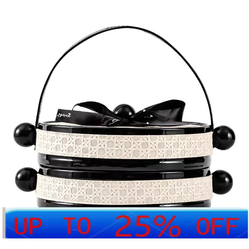 

LH leather retro wind dried fruit plate ceramic coffee table with lid rotating snack display plate