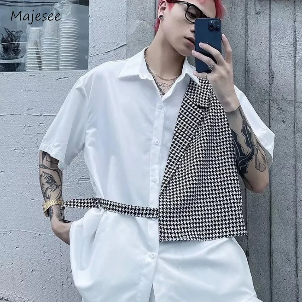 Men Shirts Fashion Fake Two Pieces Summer Lace Up Design Individual Japanese Style Houndstooth Tops Summer All-match Chill Tees