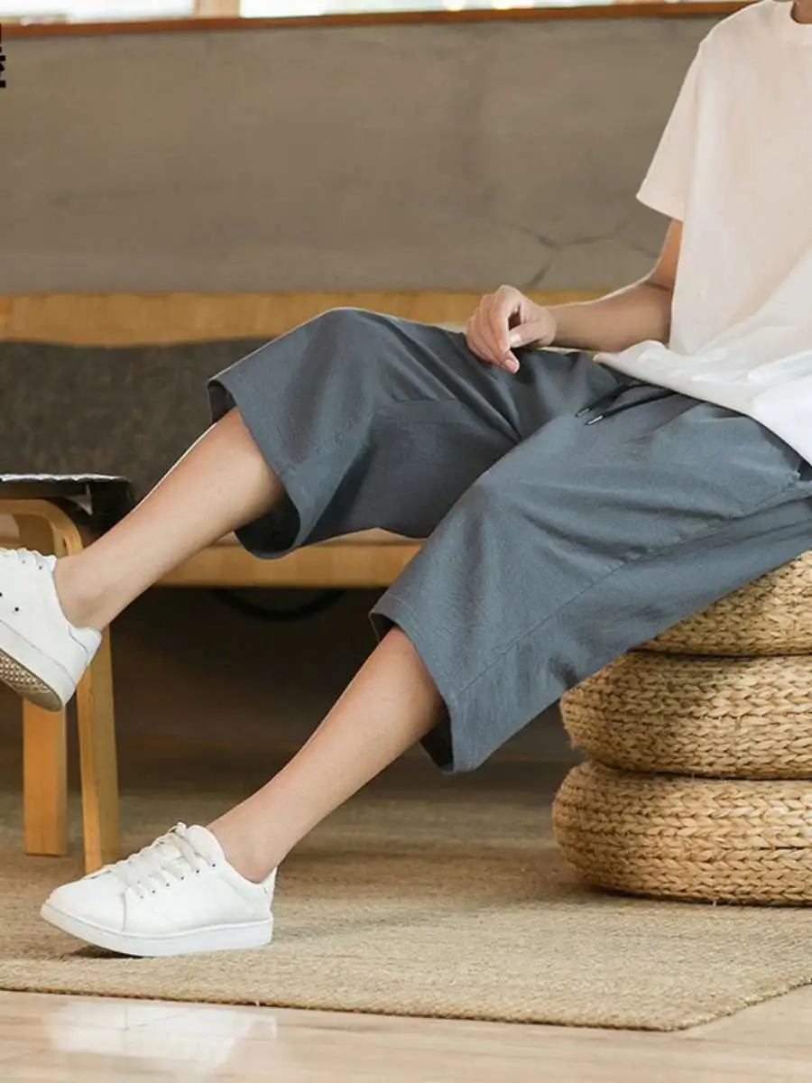 

Men's Summer Large Size Linen Cotton Casual Pants Breathable Seven-Foot Straight Leg Trousers Comfortable Loose Fit Trousers