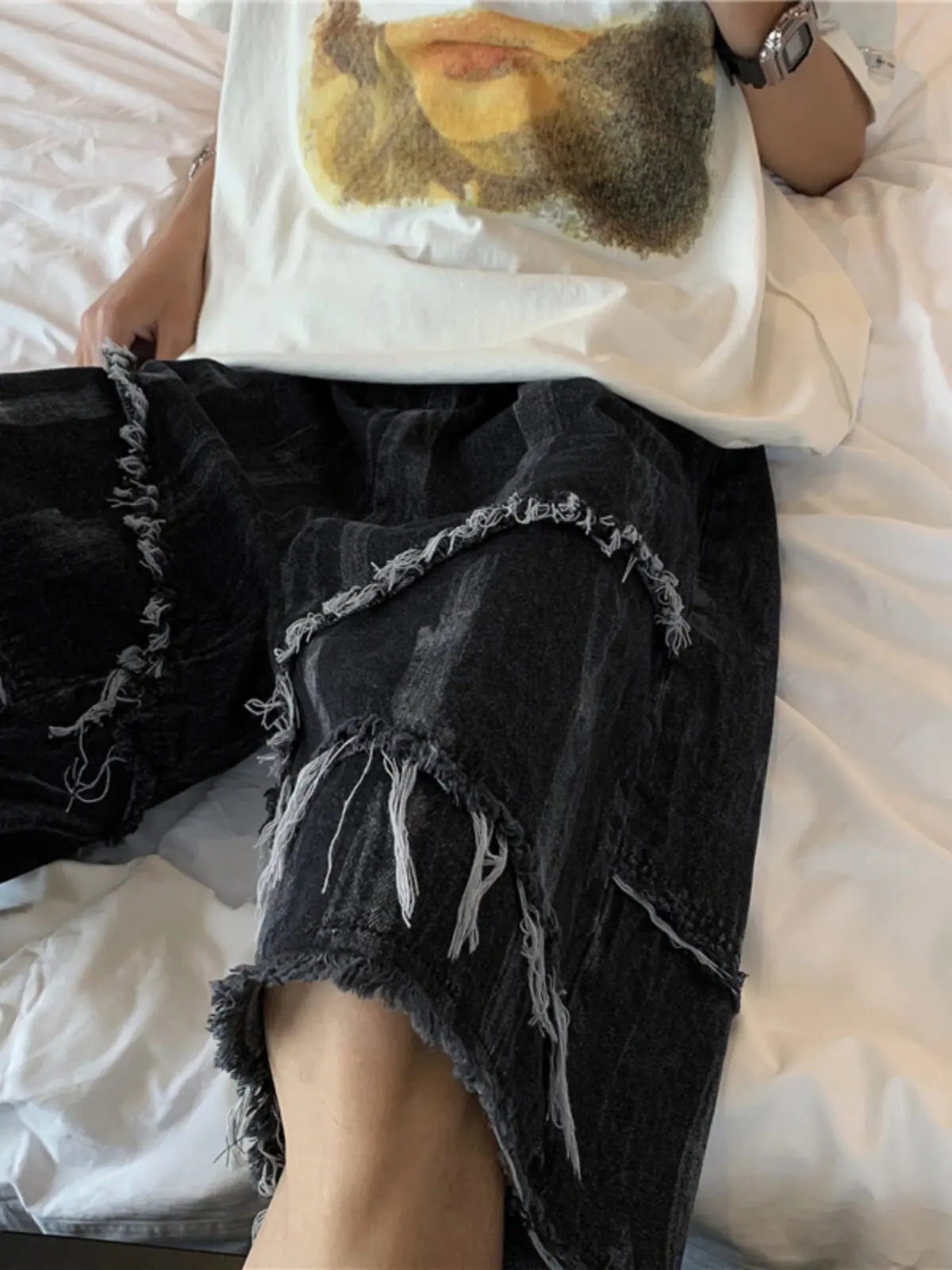 Tie Dye Fringed Denim Shorts For Men American Fashion Male Black Washed Splicing Tassel Street Style Loose Shorts