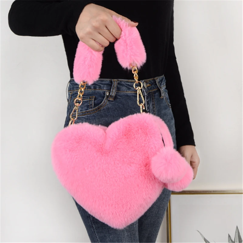 Luxury Faux Fur Heart-shaped Women Small Handbags Fluffy Plush Ladies Chain Shoulder Bag Fashion Female Furry Daily Clutch Purse