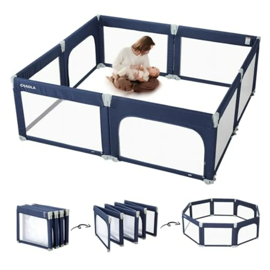 

Foldable Baby Playpen Shape Size Adjustable for Toddler 79x71 Large Safety Mesh Playard with Portable Design Blue
