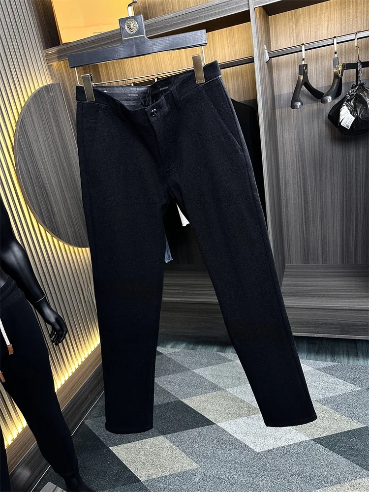 Men's Pure Color Business Casual Thickened Straight Leg Elastic Leisure Pants Autumn Warmth Treated Fabric Youthful Style