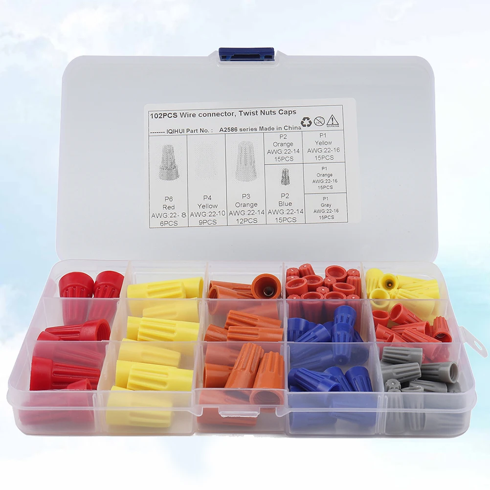 

102 Pcs Wire Connector Set Electrical Spiral Nuts Cap Spring Insert Terminal Screw Reusable PVC Insulating Home Wiring Lighting