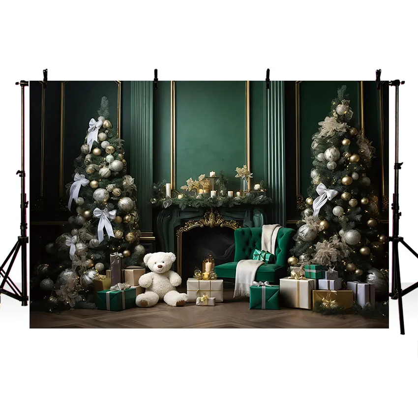 Mehofond Photography Background Winter Christmas Green Fireplace Bear Xmas Tree Kids Family Portrait Decor Backdrop Photo Studio