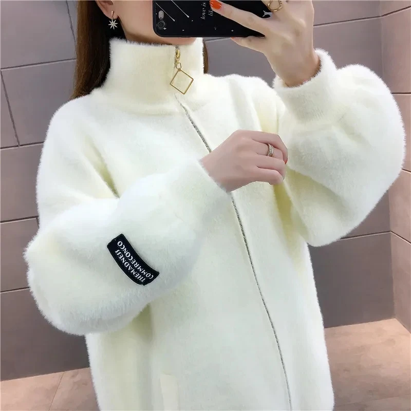 Women\'s Sweater Cardigan 2022 Autumn Winter New Imitation Mink Velvet Coat Women High Collar Loose Thickening Knitted Tops