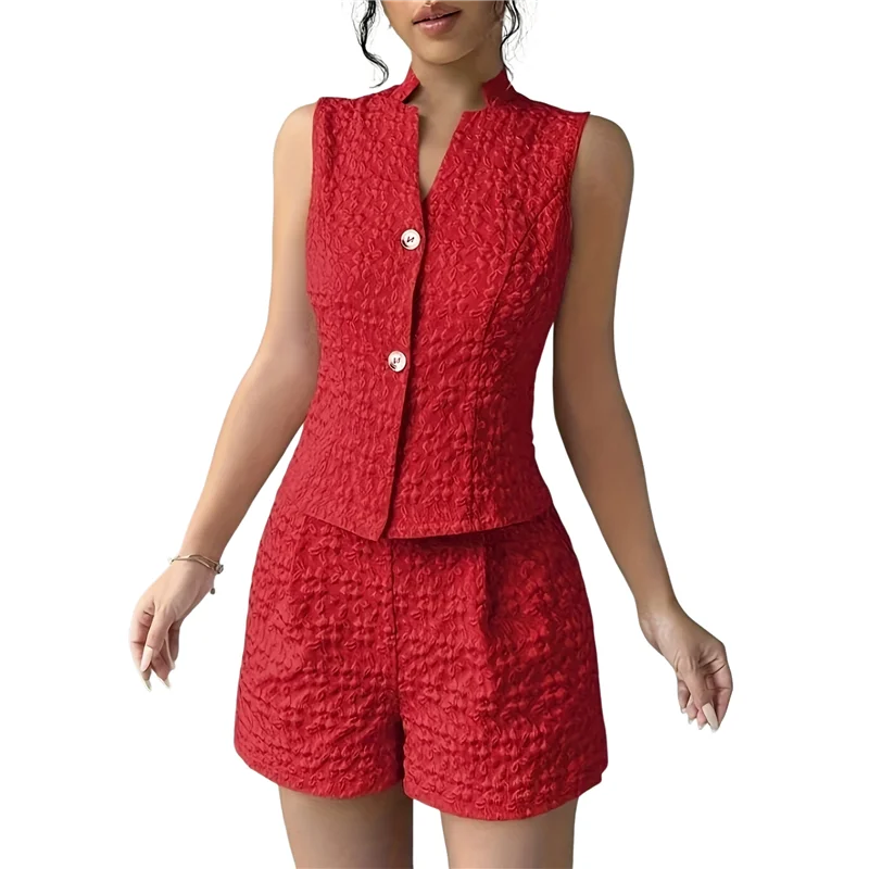 

Women's Summer Two Piece Sets Button Down Sleeveless Crop Vest Top And High Waisted Shorts Set