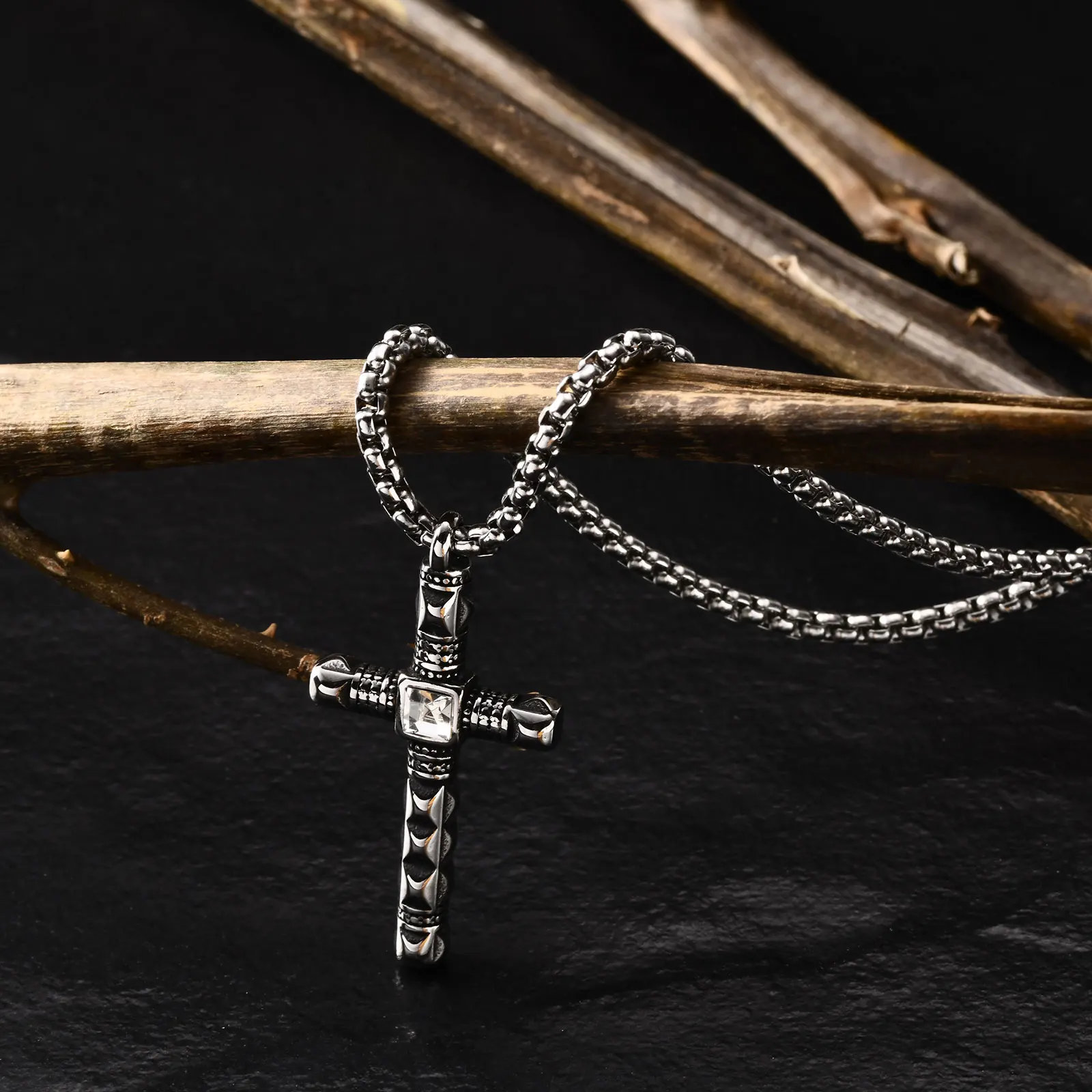 Punk Mens Cross Pendant Necklace,Silver Color Plain Cross Pendant Collar with Stainless Steel Box Chain,Exquisite Male Gift