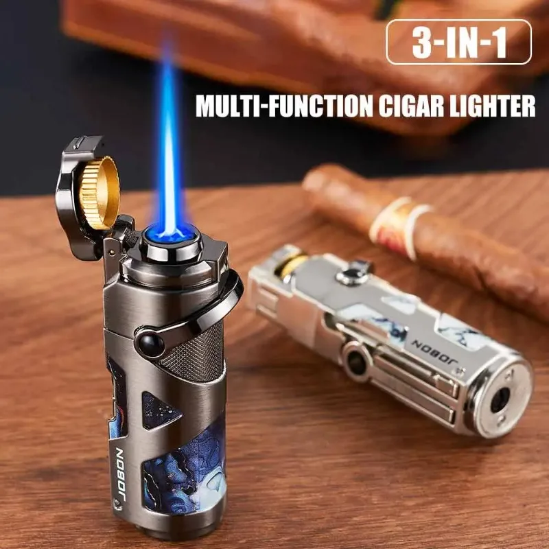 

3-в-1 прикуриватель с синим пламенем, рокерное зажигание, складной органайзер для сигар, регулируемый корпус из пламенного сплава